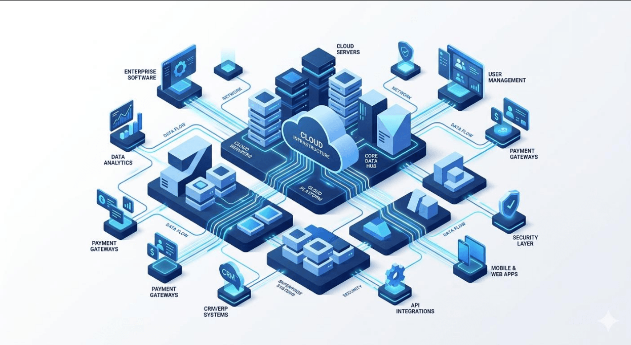 Isometric illustration of a cloud application architecture with servers, databases, and connected services.